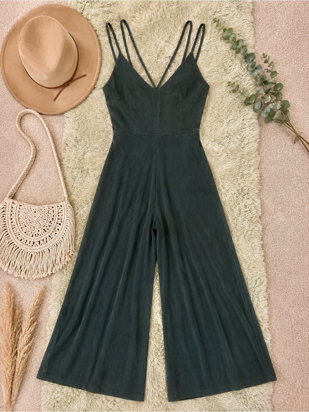 Le Lis Double-Strap Wide-Leg Jumpsuit in Forest Green